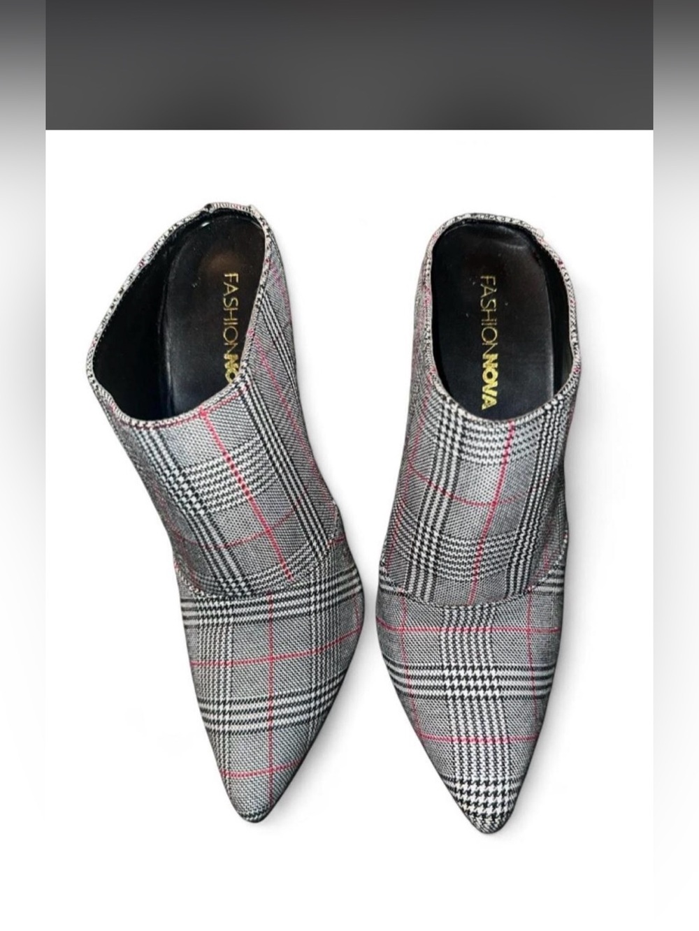 Fashion Nova Gray Plaid Pointed-Toe Mules with Red Windowpane